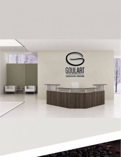 Recepção de uma cafeteria / empresa de café com a logomarca Goulart Comércio de café em alto relevo